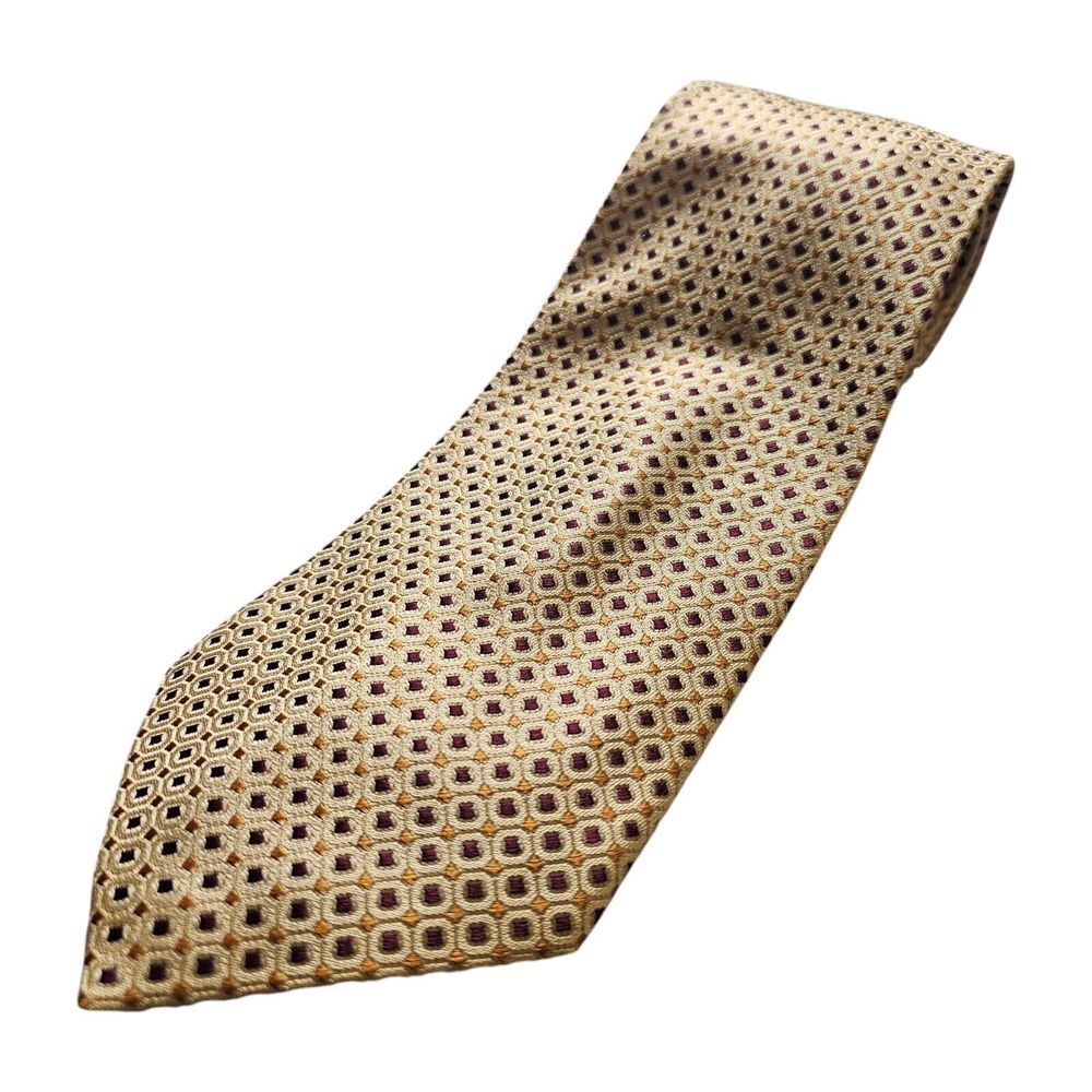 Ezio Silk Neck Tie Tan Gold Diamond Geometric Print Hand Made Italy 4"W‎ x 60"L